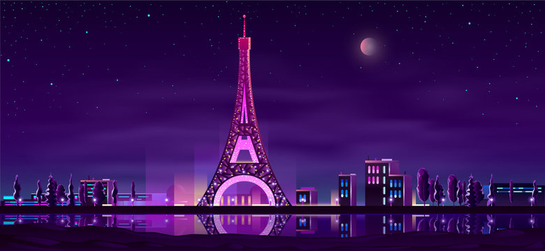 Paris quay night landscape cartoon vector in neon colors with illuminated Eiffel Tower reflecting in river water illustration. Europe famous touristic attraction. Honeymoon romantic travel in France