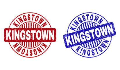 Grunge KINGSTOWN round stamp seals isolated on a white background. Round seals with grunge texture in red and blue colors. Vector rubber imprint of KINGSTOWN caption inside circle form with stripes.