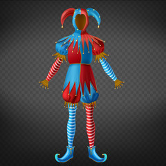 Jester red and blue costume with bells on horned hat, striped leggings and twisted toe shoes 3d realistic vector isolated on transparent background. Masquerade, costumed party dressing illustration