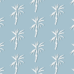 Tropical palm leaf on blue background. Vector floral illustration with palm silhouettes. Summer nature print. Exotic plant.