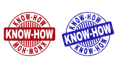 Grunge KNOW-HOW round stamp seals isolated on a white background. Round seals with grunge texture in red and blue colors. Vector rubber imprint of KNOW-HOW caption inside circle form with stripes.