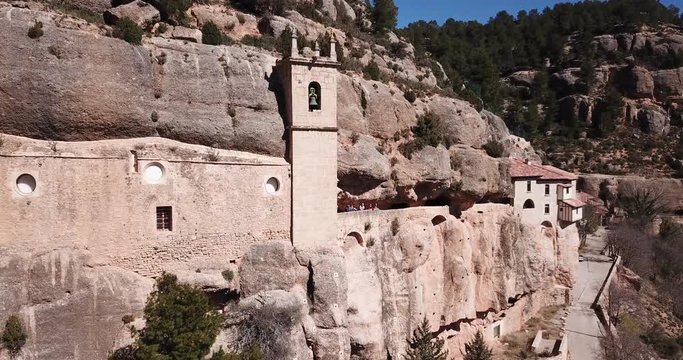 CASTELLON DE LA PLANA, SPAIN - MARCH, 10, 2019: Sanctuary of the Virgin of Balma built in rock in the mountains in Spain 
