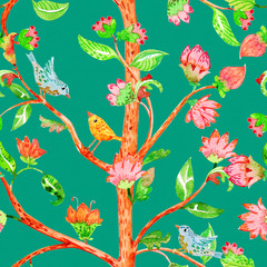 seamless texture with stylized fancy tree and pretty birds. watercolor painting