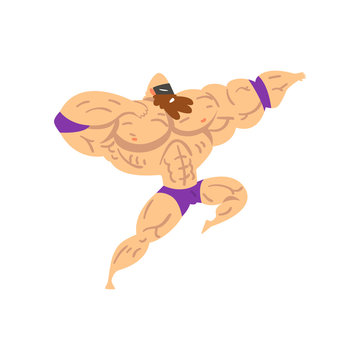 Powerful Wrestler Character In Flying Jump Kick, Professional Fighter Of Recreational Sports Show Vector Illustration On A White Background