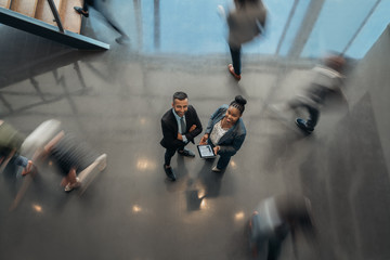 Two business people standing in the lobby of an office looking up smiling at the camera while...