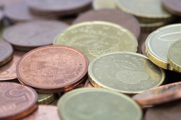 Euro cents coins with a small face value. Savings of coins.