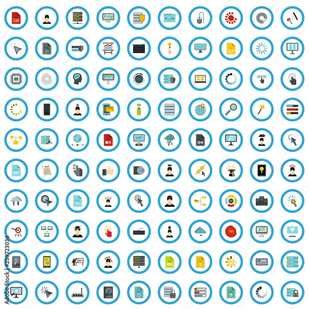 Poster 100 program adjustment icons set in flat style for any design vector illustration