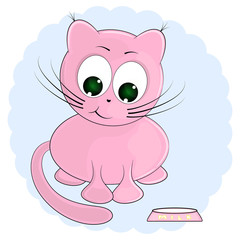 pink cat and milk. cartoon vector illustration.