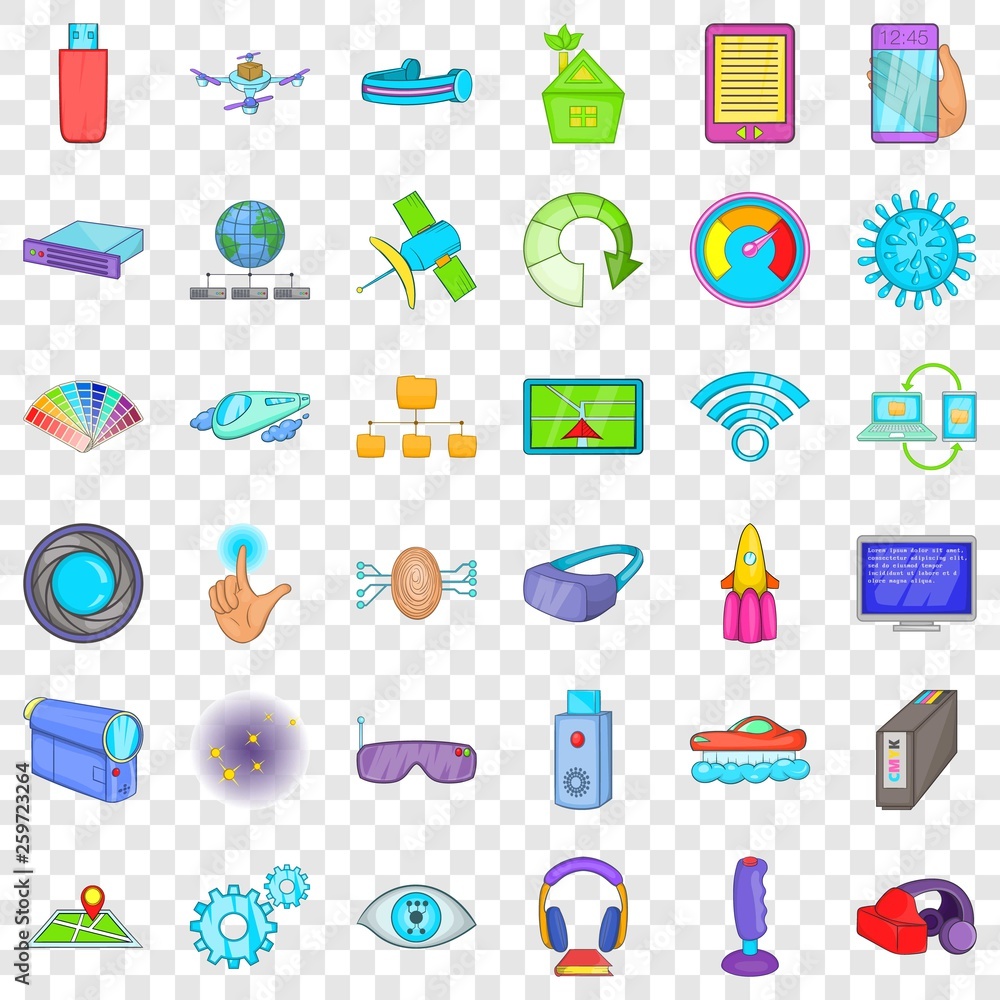 Poster network technology icons set. cartoon style of 36 network technology vector icons for web for any de