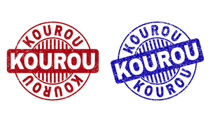 Grunge KOUROU round stamp seals isolated on a white background. Round seals with grunge texture in red and blue colors. Vector rubber imprint of KOUROU title inside circle form with stripes.