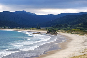 aerial shot of Medland Beach in Great Barrier Island, New Zealand