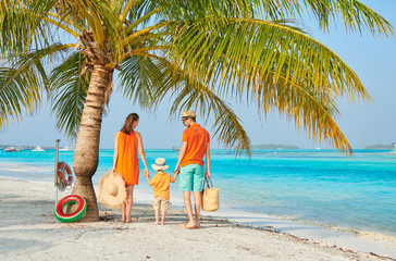 Family of three on beach under palm tree