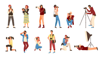 Naklejka premium Professional photographers vector, set of people holding cameras. Pictures made by employees , photographs by cameraman. Man and woman experts job