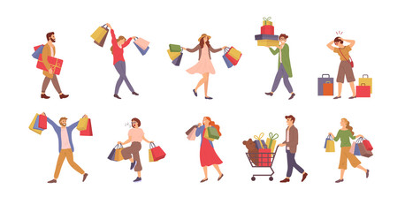 Fototapeta na wymiar Walking people with bags vector, shopping man and woman holding packages with presents. Cart with bear plush toy, holiday celebration, shopaholics