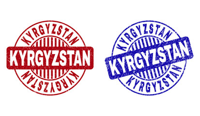 Grunge KYRGYZSTAN round stamp seals isolated on a white background. Round seals with grunge texture in red and blue colors. Vector rubber imitation of KYRGYZSTAN title inside circle form with stripes.