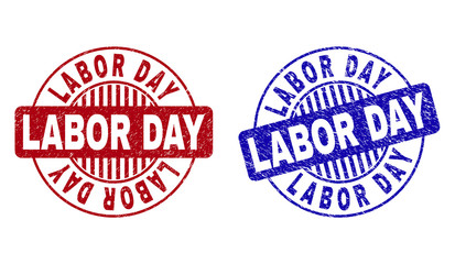 Grunge LABOR DAY round stamp seals isolated on a white background. Round seals with distress texture in red and blue colors. Vector rubber imprint of LABOR DAY text inside circle form with stripes.