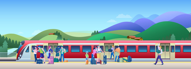 Boarding Train at the Railway Station with hills on background Flat Vector Illustration. People get on train from platform. 