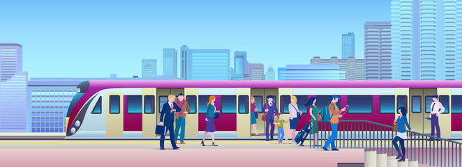 Boarding Train at the Railway Station with city on background Flat Vector Illustration. People get on train from platform.  © Sentavio