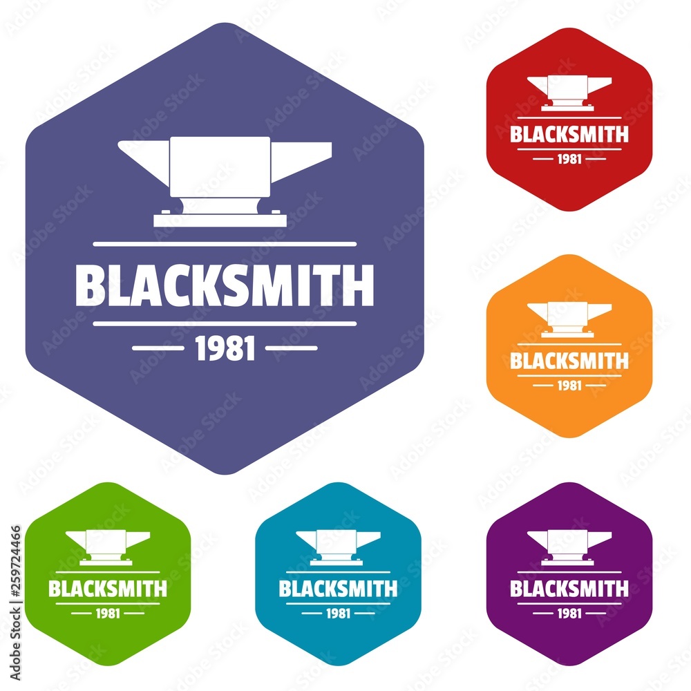 Poster blacksmith icons vector colorful hexahedron set collection isolated on white