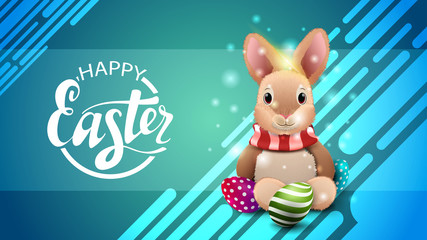 Happy Easter, horizontal modern blue template postcard with Easter bunny