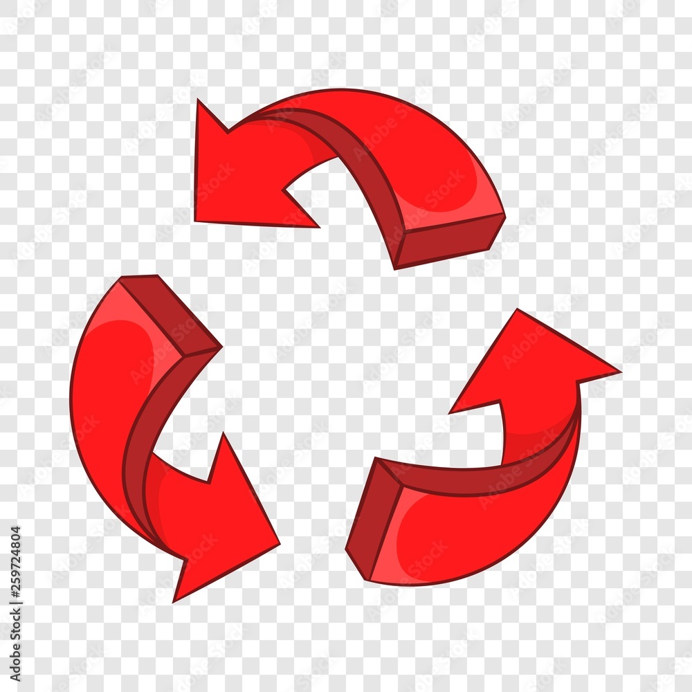Poster red arrow recycling icon in cartoon style on a background for any web design