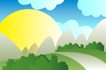 Simple flat design country, road, mountain blue sky and big sun