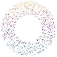 Vector set of beautiful round icons in the form of wild animals for children and design, print, cat ,bear, fox, bird ,hare or rabbit. Round animals with caption on white background.