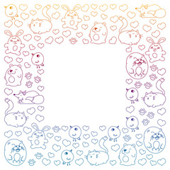 Fototapeta na wymiar Vector set of beautiful round icons in the form of wild animals for children and design, print, cat ,bear, fox, bird ,hare or rabbit. Round animals with caption on white background.