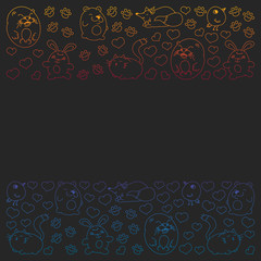 Vector set of beautiful round icons in the form of wild animals for children and design, print, cat ,bear, fox, bird ,hare or rabbit. Round animals with caption on black background