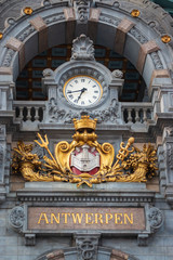 Clock and “Antwerpen” at Central railway station in Antwerp