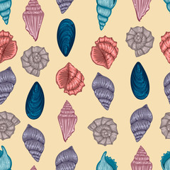 Seamless pattern of different sea shells, vector