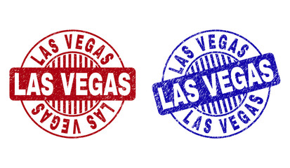 Grunge LAS VEGAS round stamp seals isolated on a white background. Round seals with grunge texture in red and blue colors. Vector rubber overlay of LAS VEGAS caption inside circle form with stripes.
