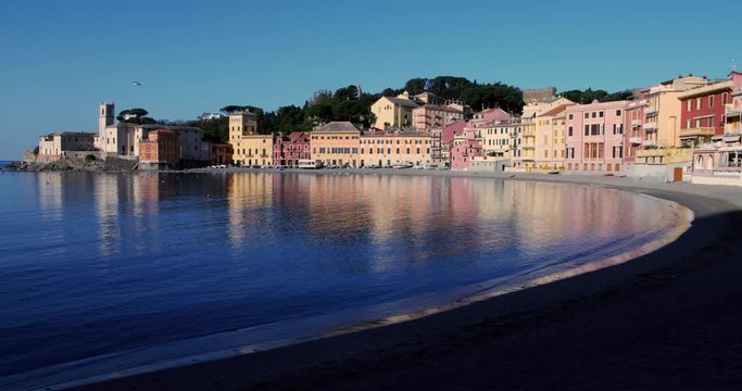 The Silent Bay at dawn, Sestri Levante, Liguria, Italy. Filmed on Panasonic Cinematic Camera 5.7K 