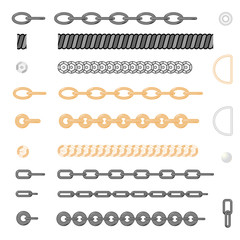 Set of golden and silver chains. vector fittings, sequins, fringe, chain, rope brushes for illustrator , zipper