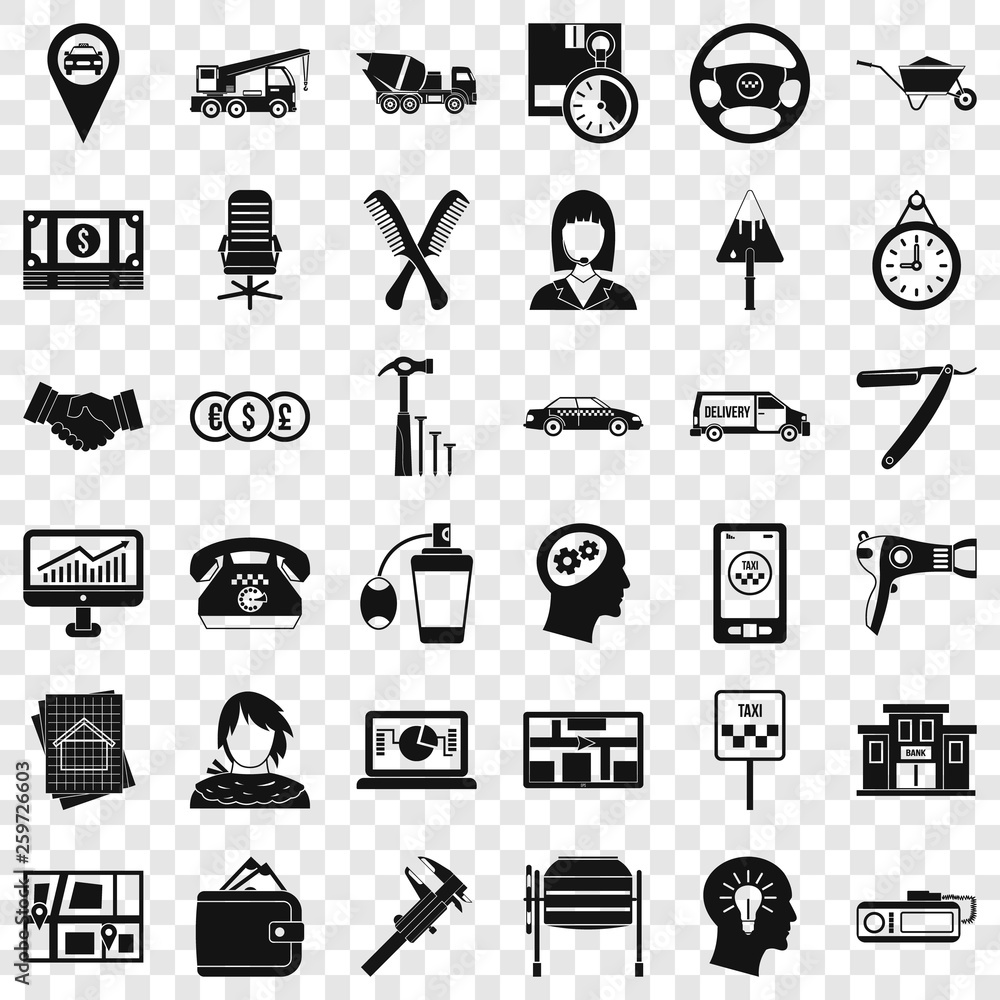 Poster office work icons set. simple style of 36 office work vector icons for web for any design