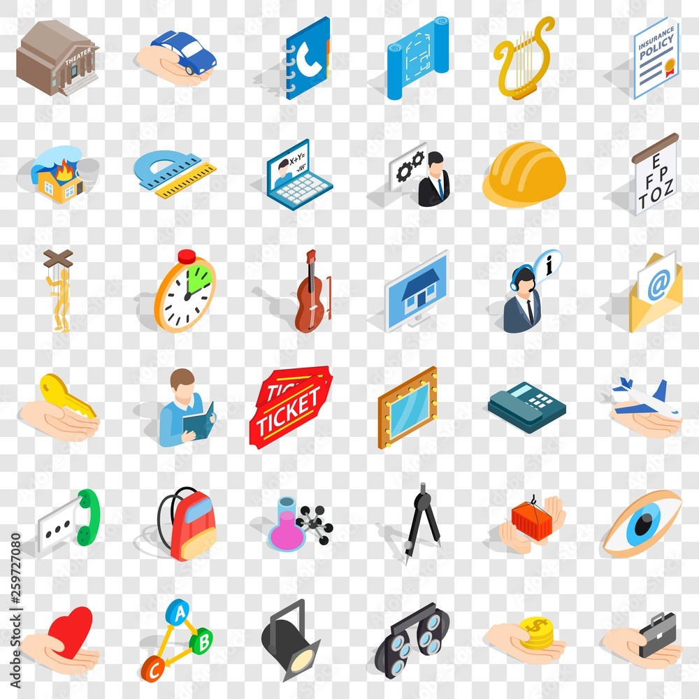 Poster office work icons set. isometric style of 36 office work vector icons for web for any design