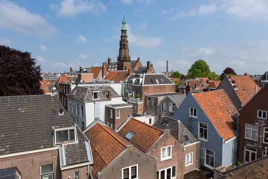 Tower of the cityhall and rooftops in the historic city of Leiden, the Netherlands.