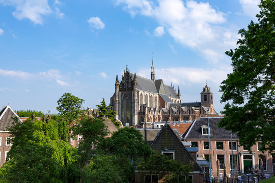 Hooglandse kerk (church) and rooftops in the historic city of Leiden, the Netherlands.