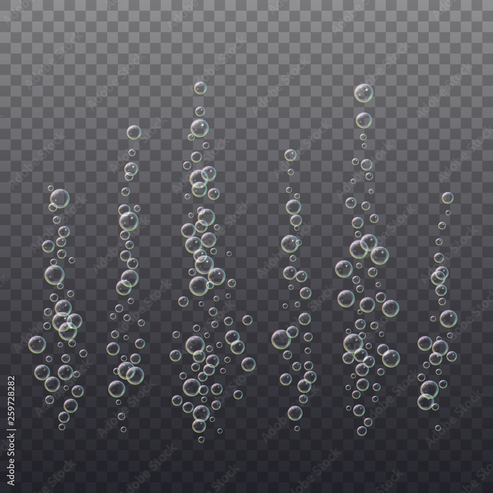 Poster realistic 3d floating soap bubbles, rainbow color reflection. isolated on transparent background. ve