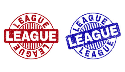 Grunge LEAGUE round stamp seals isolated on a white background. Round seals with grunge texture in red and blue colors. Vector rubber watermark of LEAGUE tag inside circle form with stripes.