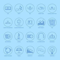 Collection of line vector icons with different symbols of business processes. Set of business icons. Graphic design elements for packaging, apps, website, advertising, poster and brochure.