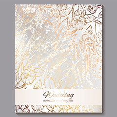 Exquisite royal luxury wedding invitation, gold on white background with frame and place for text, lacy foliage made of roses or peonies with golden shiny gradient.