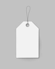 White cardboard price tag with shadow for sale campaign. Realistic paper label template with space for text isolated on grey background. Production promotion and announcement vector illustration.