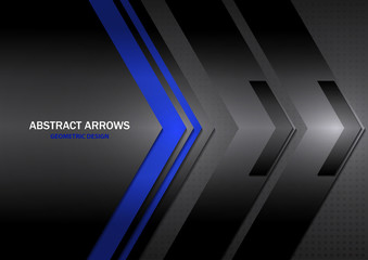 Abstract tech arrows on a gray-black gradient background. Geometric overlap. Space for text. Business template, corporate design. Vector illustration.