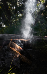 Forest campfire left burning by negligent tourists, risk of forest fire, heatwave, hot summer.