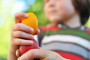 Excited boy knocking Easter eggs . Red Easter egg ready for egg tapping. Happy Easter!