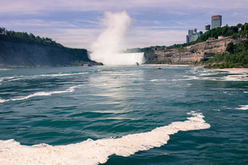 Fototapeta na wymiar Niagara Falls is the collective name for three waterfalls that constitute the international border between the Canadian province of Ontario and the US state of New York