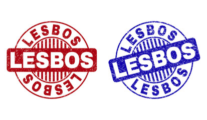 Grunge LESBOS round stamp seals isolated on a white background. Round seals with distress texture in red and blue colors. Vector rubber watermark of LESBOS text inside circle form with stripes.