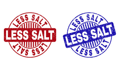 Grunge LESS SALT round stamp seals isolated on a white background. Round seals with grunge texture in red and blue colors. Vector rubber watermark of LESS SALT tag inside circle form with stripes.