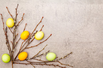 Easter eggs concept with willow seals branches. On a stone background, copy space, top view.